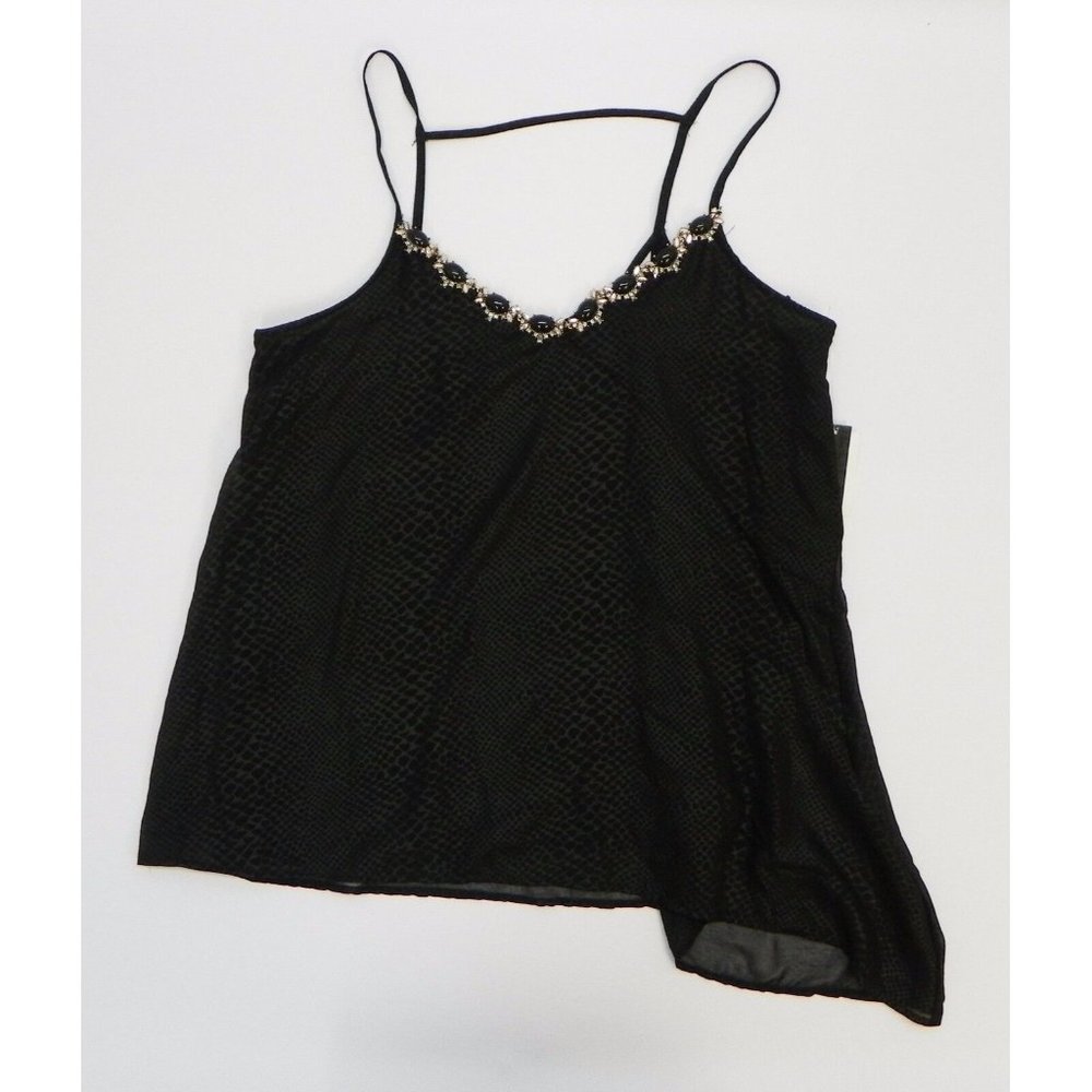 XOXO Juniors Womens's  Top S Embellished Asymmetrical Hem Tank Cami Black Print